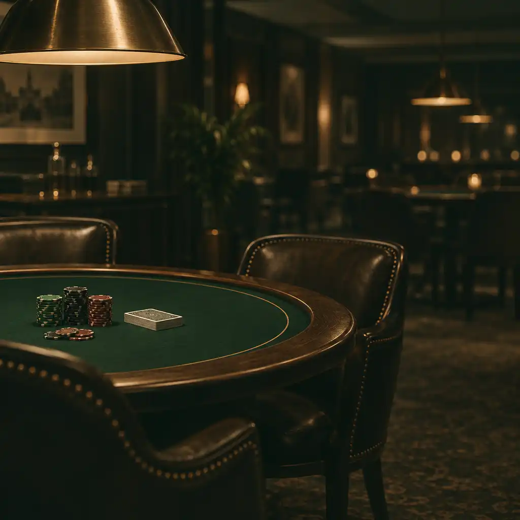 A warm, low-light corner of the Card Lounge with a round poker table, clay chips, cards, and upholstered chairs beneath a brass pendant lamp