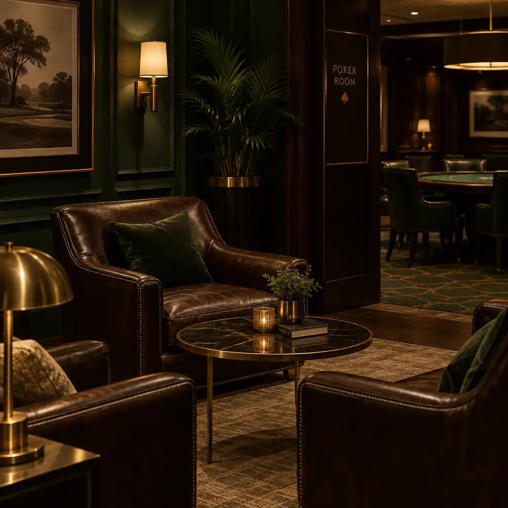 Comfortable leather chairs and a small table in a warm, low-lit lounge adjacent to the poker room