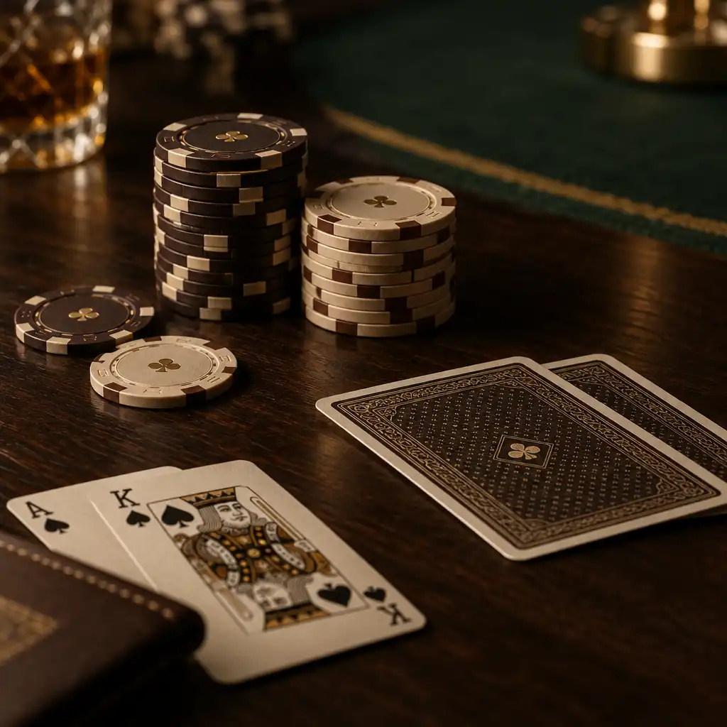 Poker cards and chips arranged on a dark wooden table with warm directional lighting