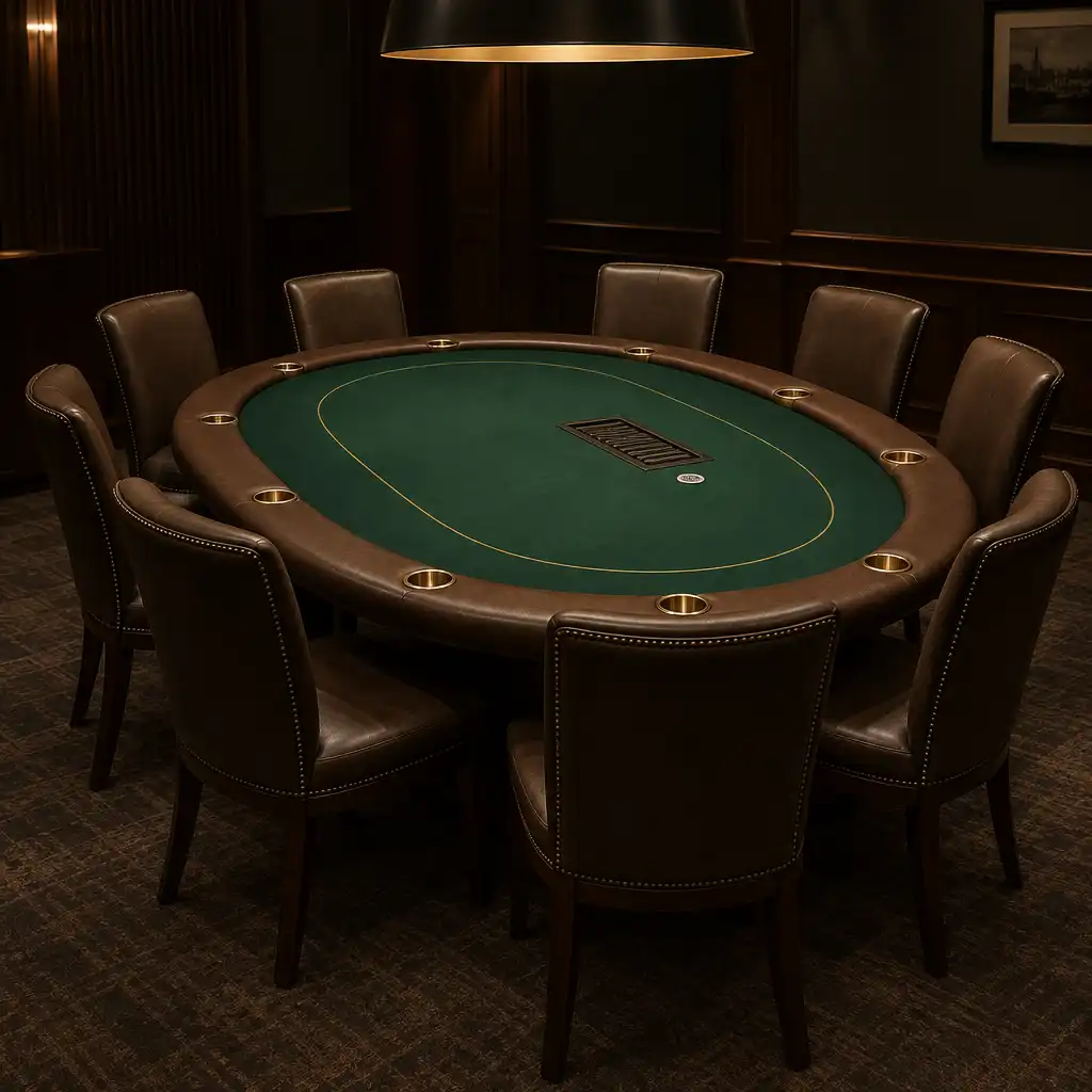 Full-ring poker table with nine chairs in a dedicated poker room