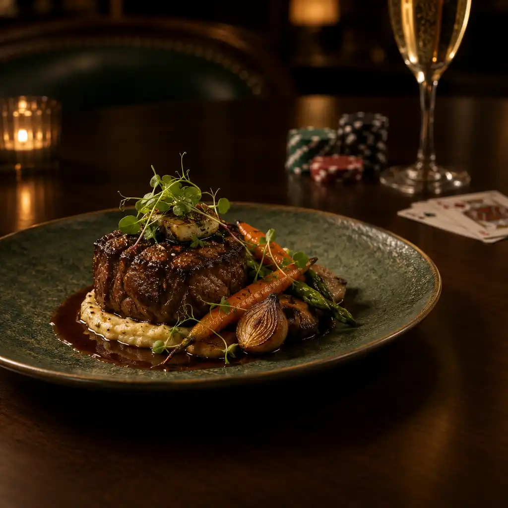 A beautifully plated dish on a dark table with poker chips and cards softly visible in the background