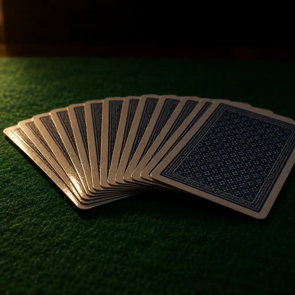 Fan of plastic-coated playing cards on green felt