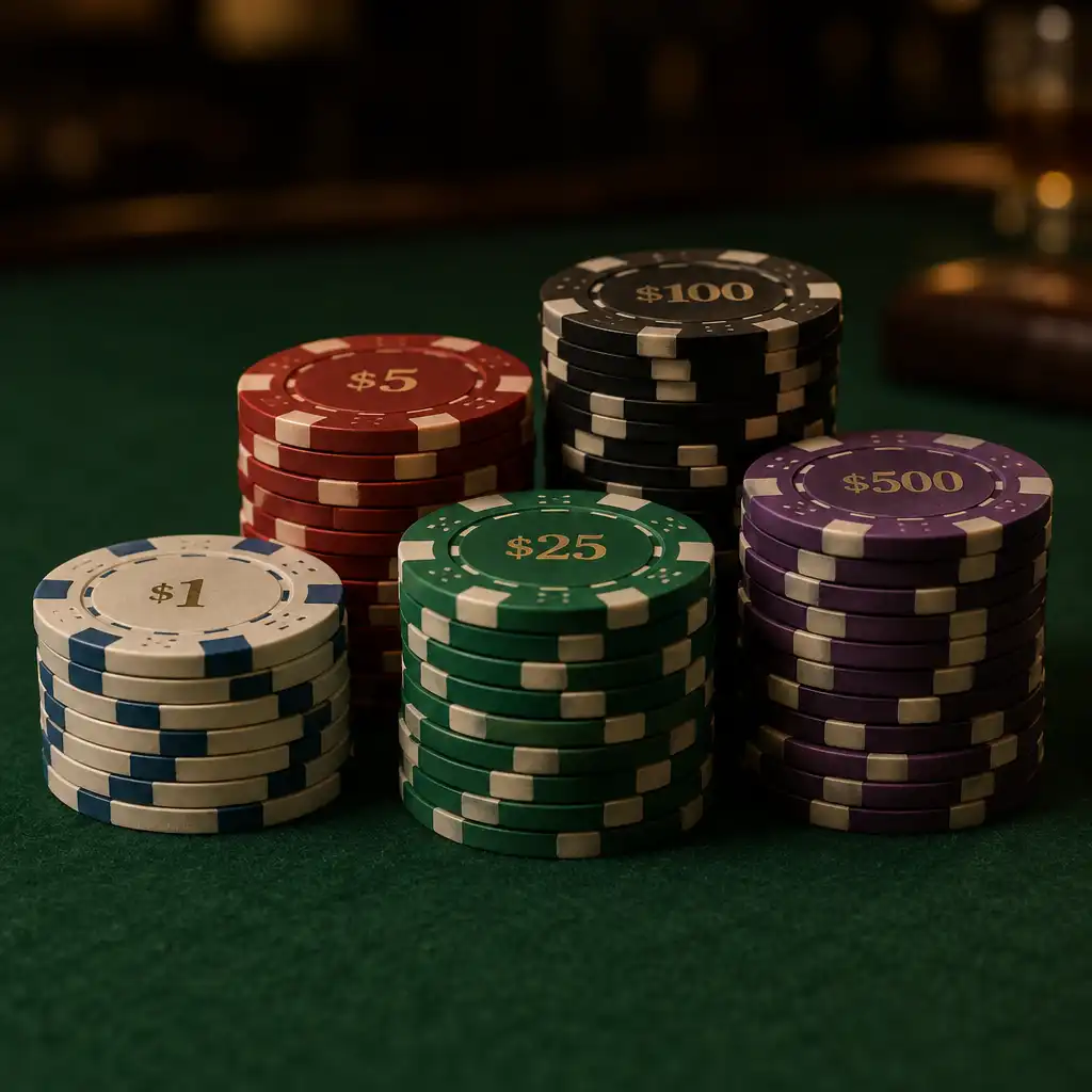 Stack of clay composite poker chips on green felt