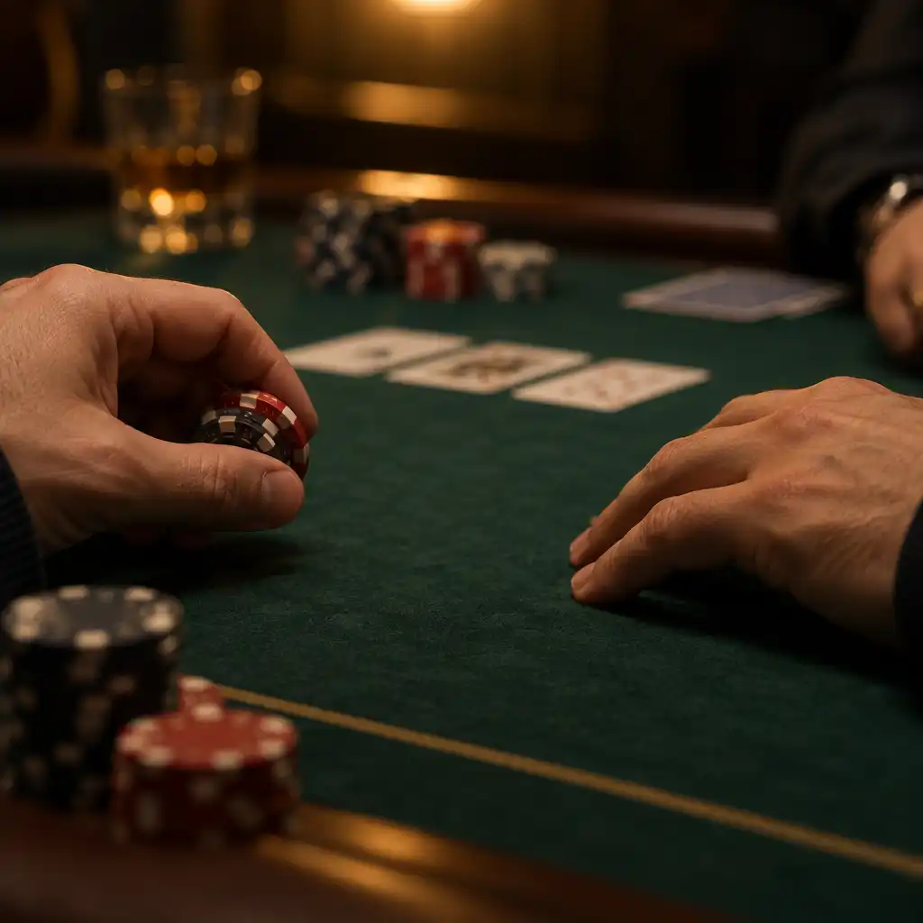 Two players' hands at a poker table, one holding chips and the other resting on the felt