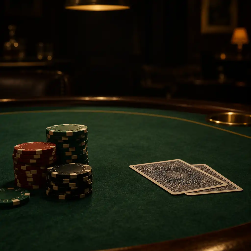 Close-up of a poker table at night with chips and cards on green felt