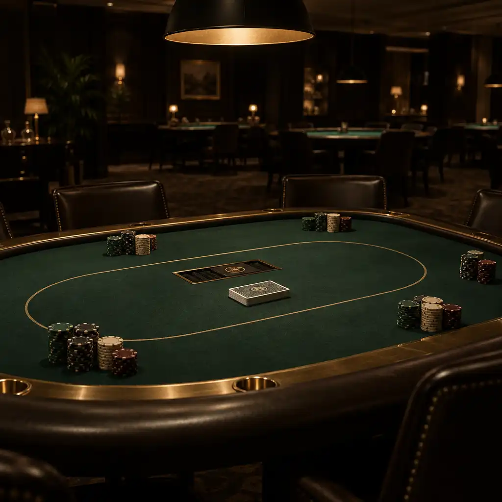 Wide view of a poker table with chips and a deck of cards under warm pendant lighting