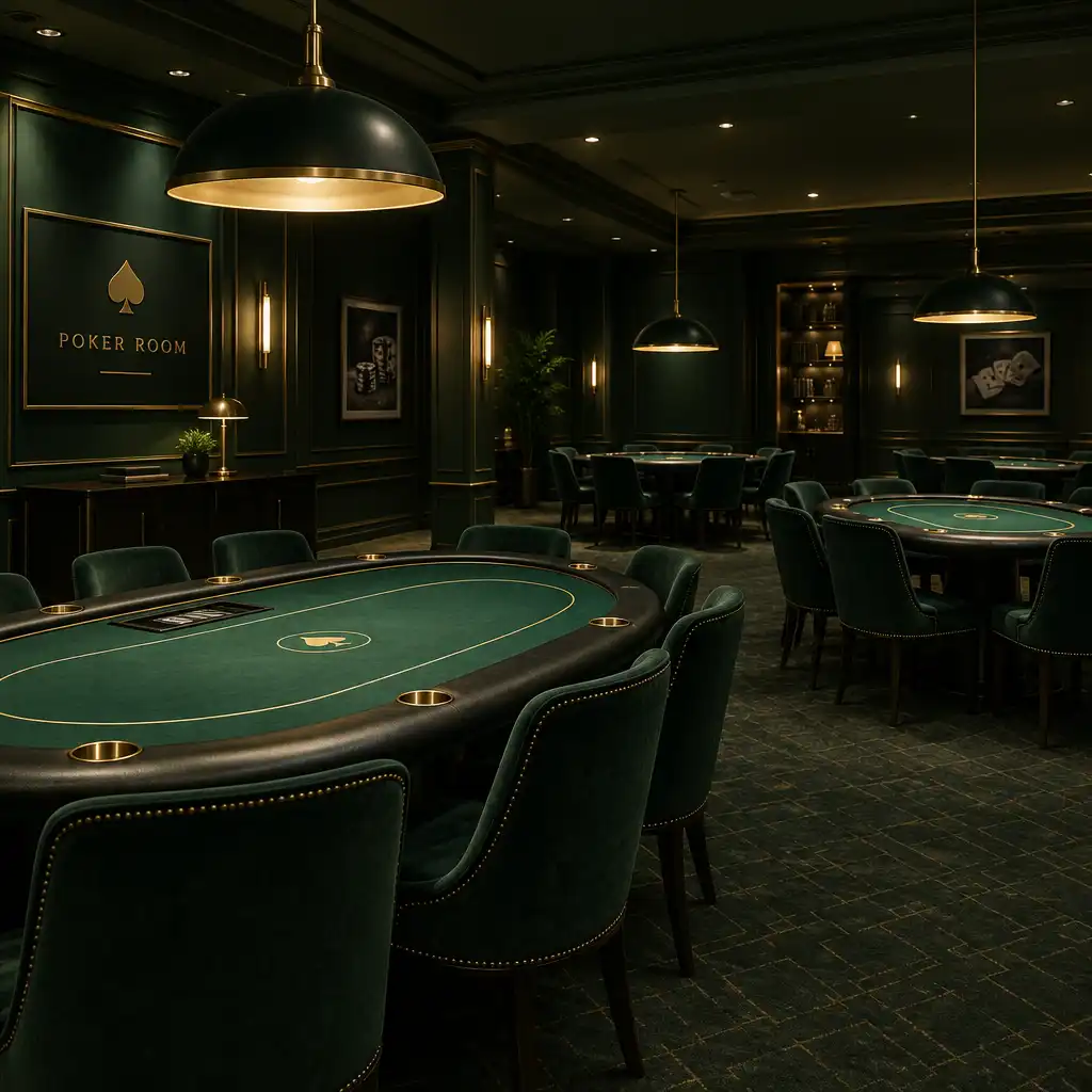Wide-angle view of a dedicated poker room interior with several green felt tables and warm low lighting
