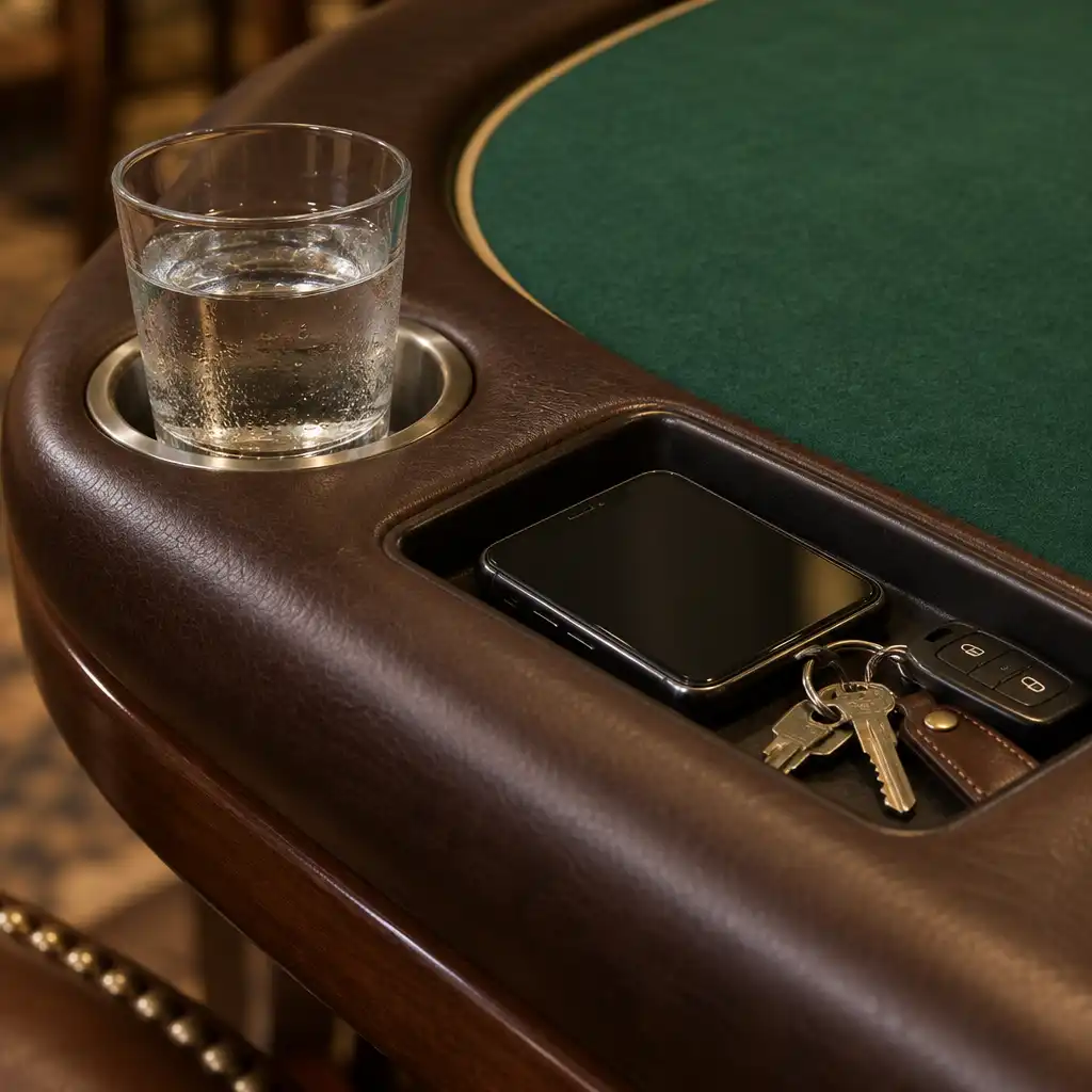Recessed cup holder and small tray on a poker table edge