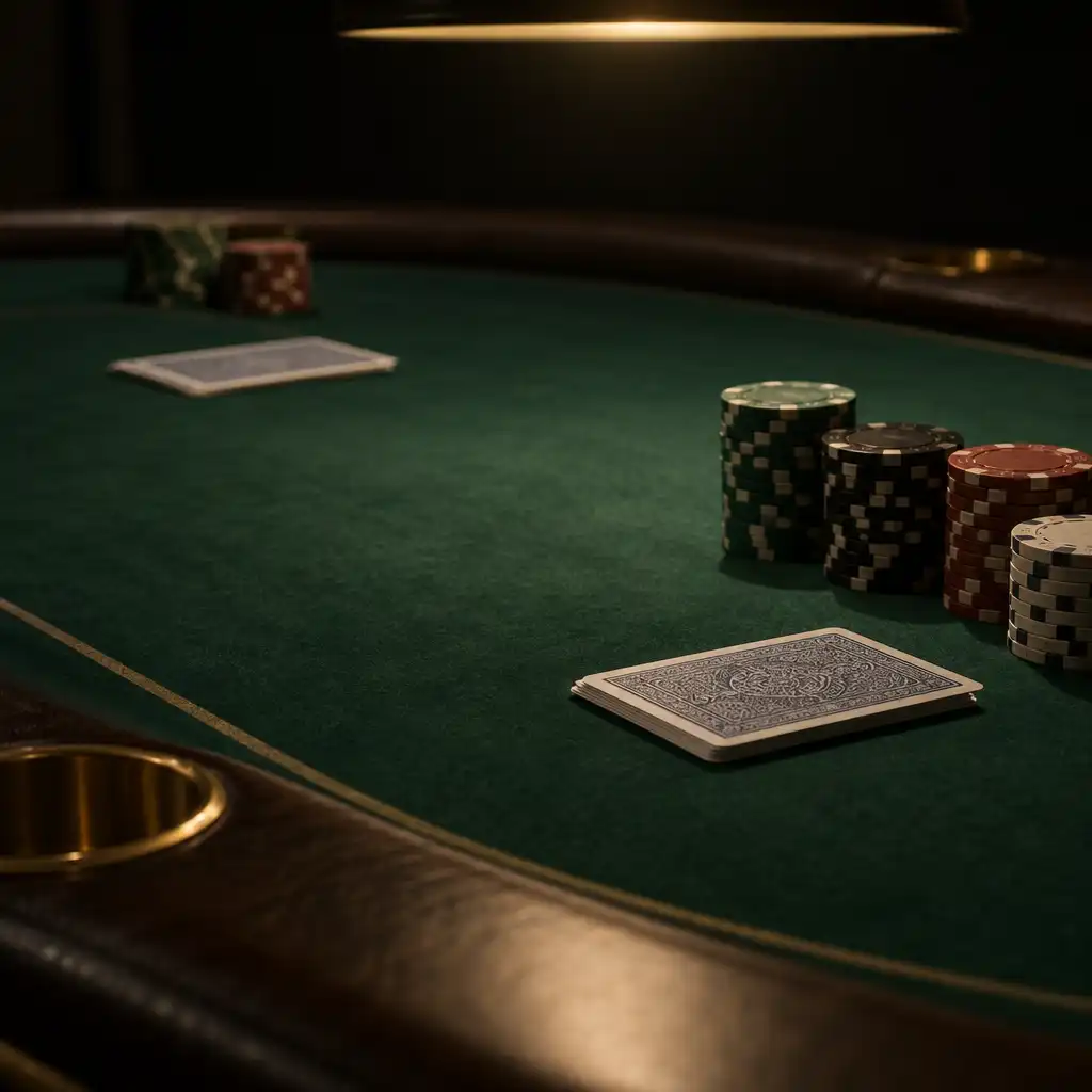 Close-up of a professional poker table with green felt, playing cards and stacks of clay chips under warm low light