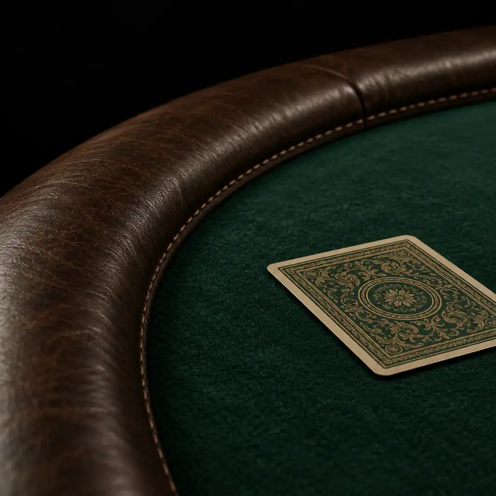 Macro view of a poker table edge showing dark leather rail with stitching and rich midnight green felt