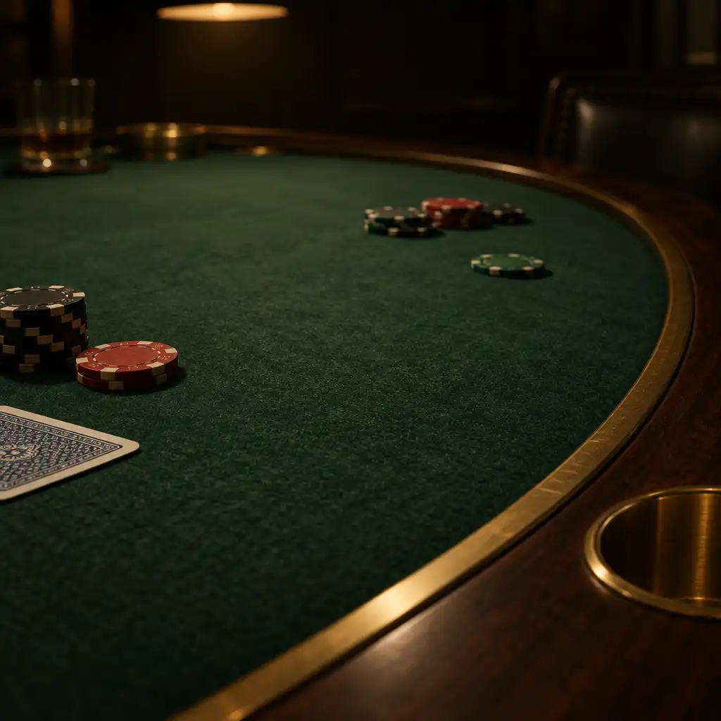 Close-up of a premium poker table felt surface with scattered chips and the edge of a card