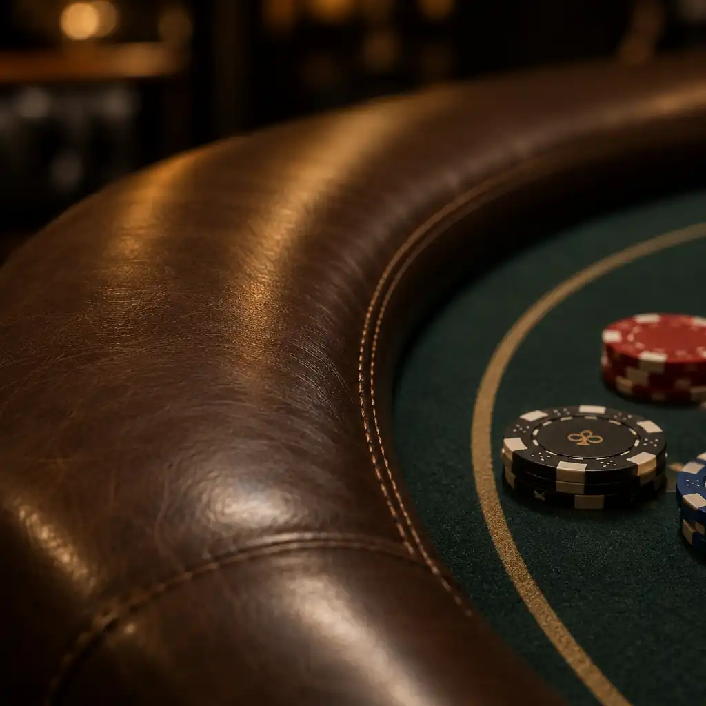 Close-up of a padded brown poker table rail with stitching