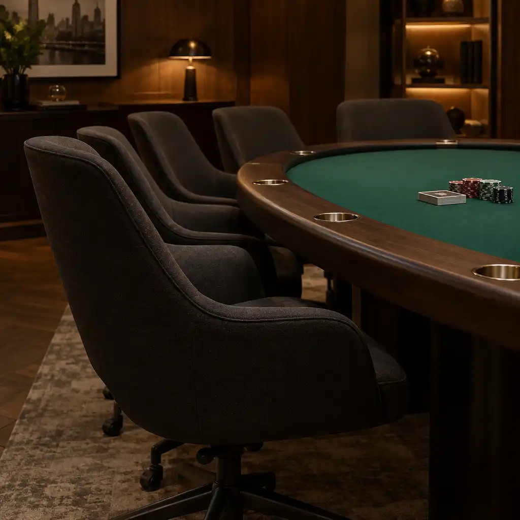 Ergonomic chairs around a poker table with green felt and dark wood rail