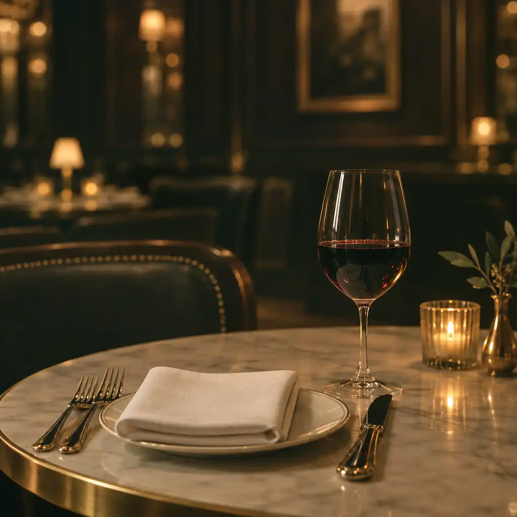 A close-up restaurant table setting with a white linen napkin, polished silverware, and a glass of red wine in a warm, dimly lit dining room