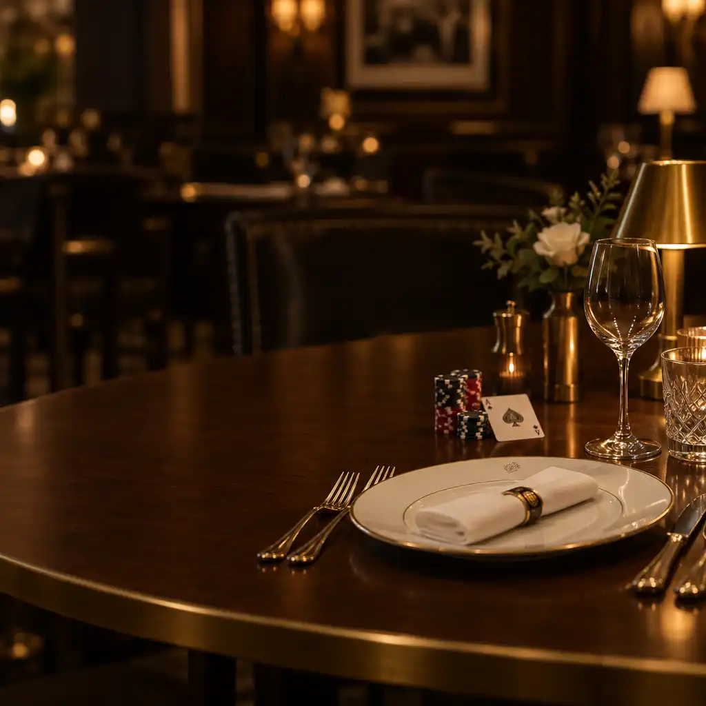 A warm, low-contrast dining table setting with fine china, polished cutlery, and a subtle poker-themed centerpiece in an upscale restaurant
