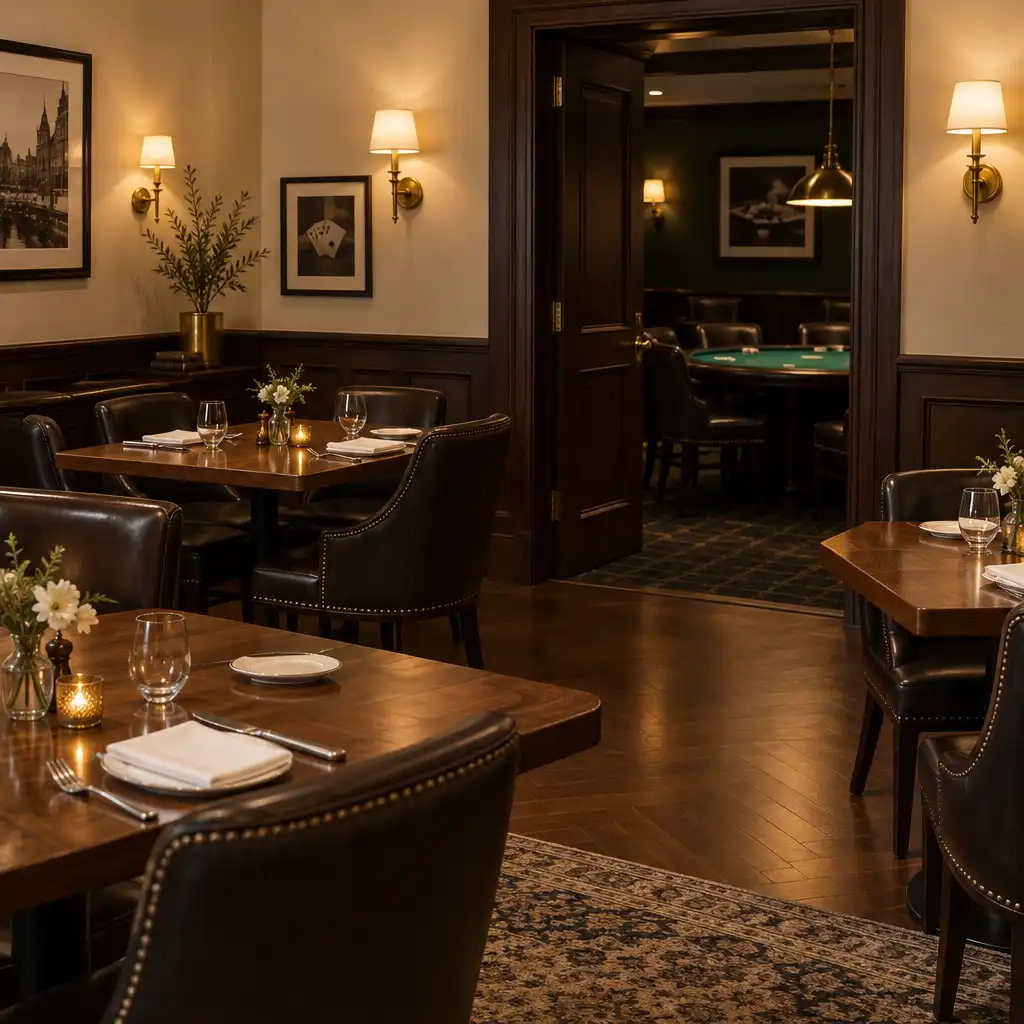 Elegant restaurant interior with warm wood tables, dark leather chairs, and soft brass lighting