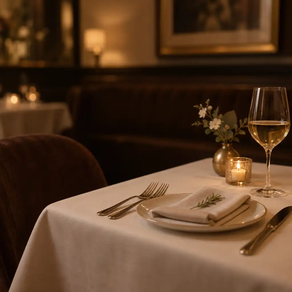 A restaurant table setting with a white tablecloth, elegant cutlery and a glass of wine under warm low light