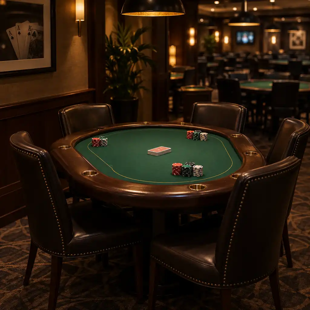 Short-handed poker table with six chairs and chips on the felt